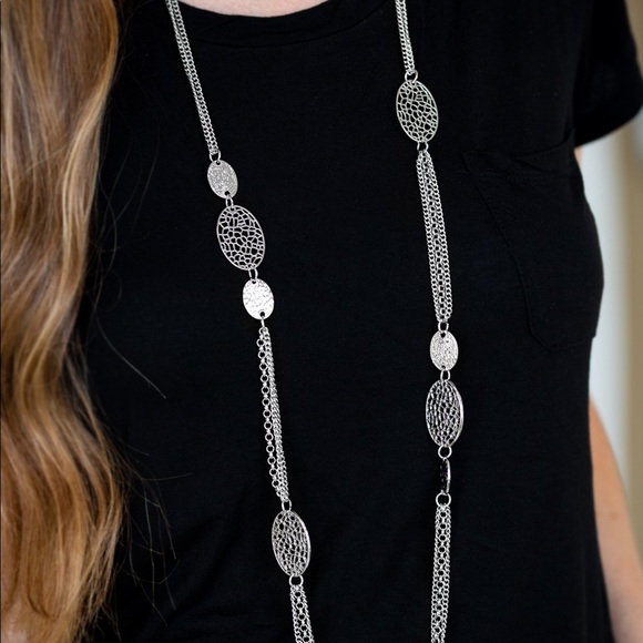 Silver Necklace + Earring Set - Long Necklace - Paparazzi Jewelry